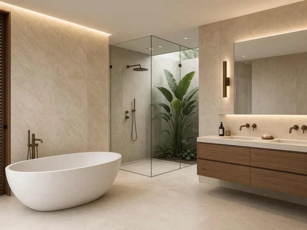 AI design concept: spa bathroom with freestanding tub, sandstone walls and timber vanity