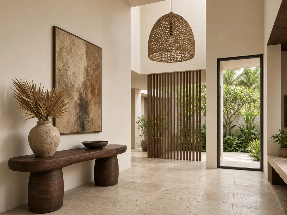 AI design concept: double-height foyer with travertine floor, sculptural timber console and slatted screen