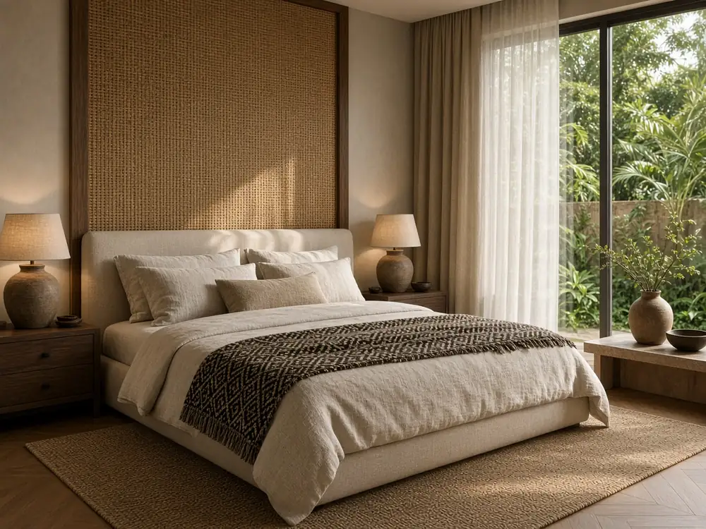 AI design concept: guest bedroom with woven headboard wall, linen bedding and a patterned throw